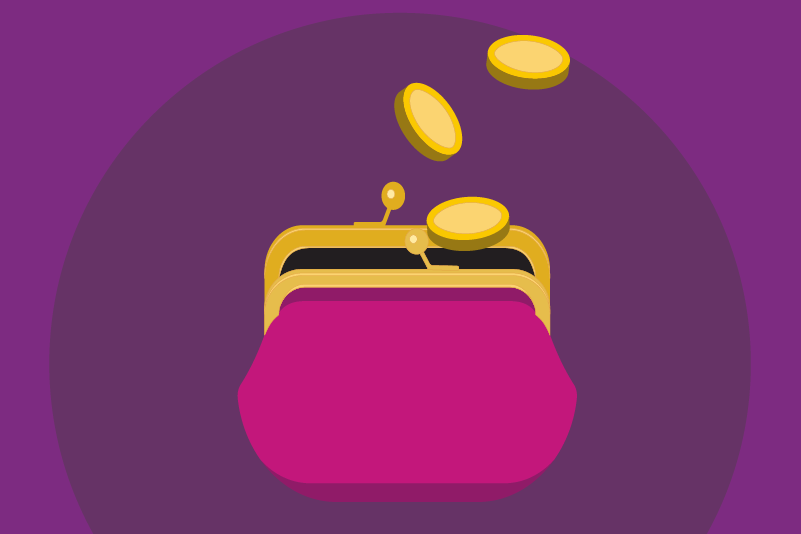 Illustration withe a purple background. Small pink purse with a golden clasp. Golden coins falling in to the open clasp.