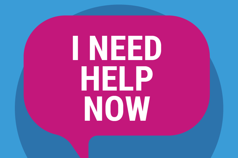 "I need help now" text in purple speech bubble